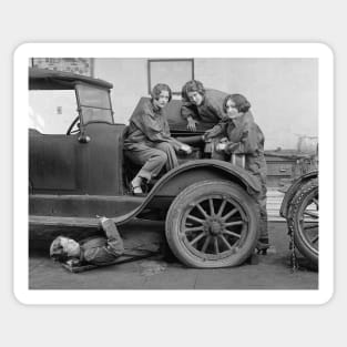 Young Lady Auto Mechanics, 1927. Vintage Photo Sticker